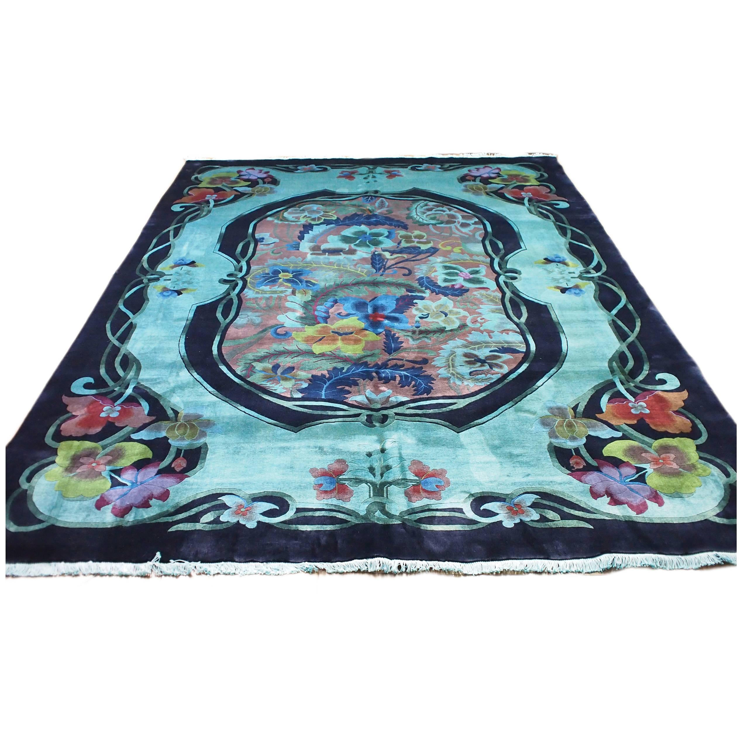 Antique Chinese Deco Teal Overdyed Rug For Sale