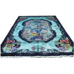 Antique Chinese Deco Teal Overdyed Rug