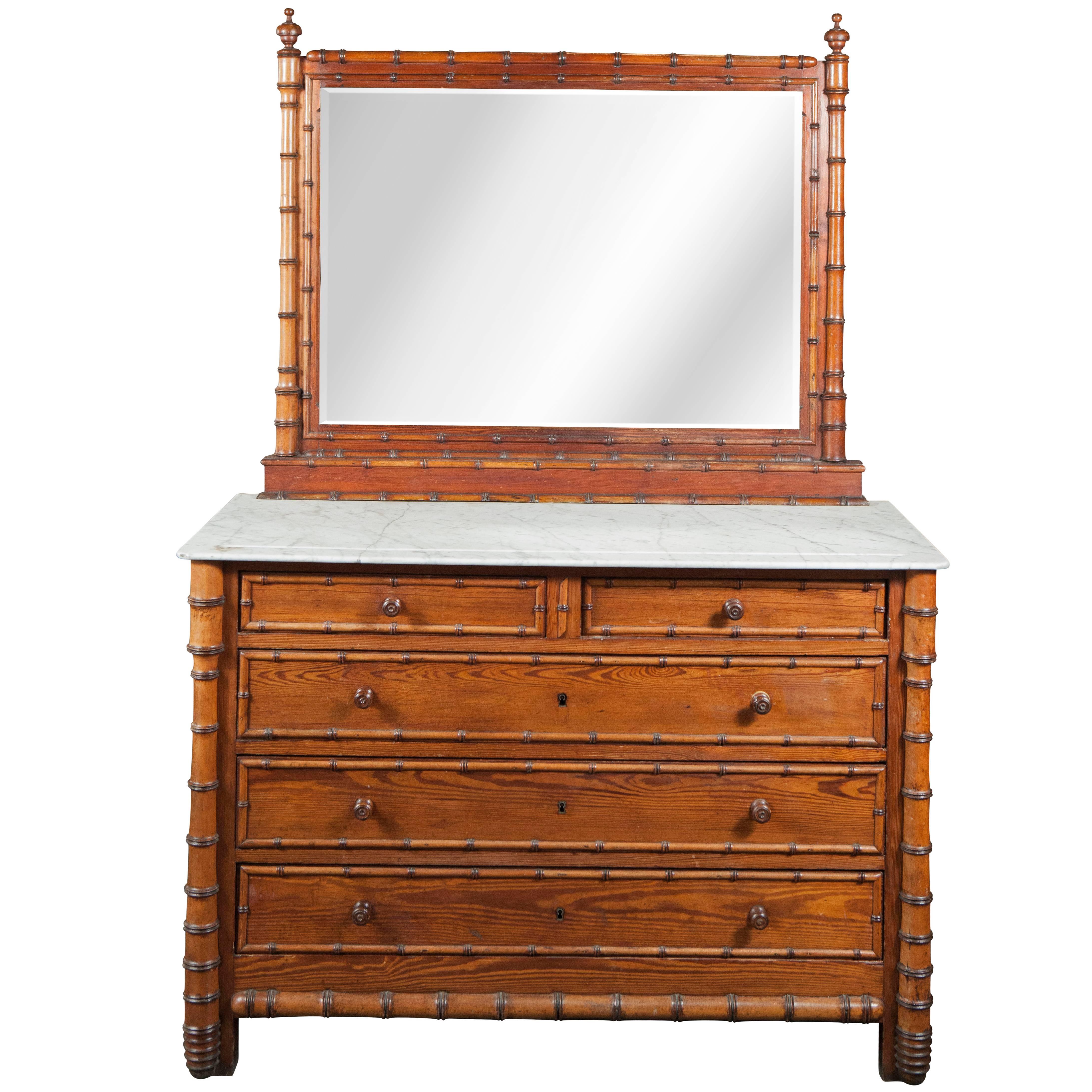 19th Century French Faux Bamboo Chest of Drawers with Marble Top