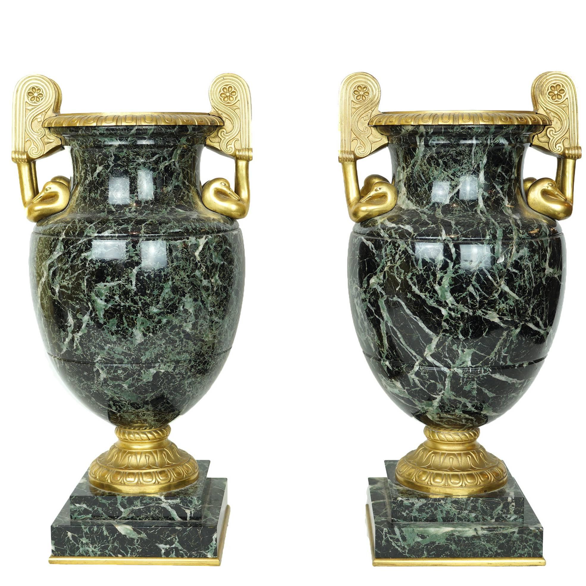 Pair of Neoclassical Marble and Bronze Urns with Bronze Swan Handles