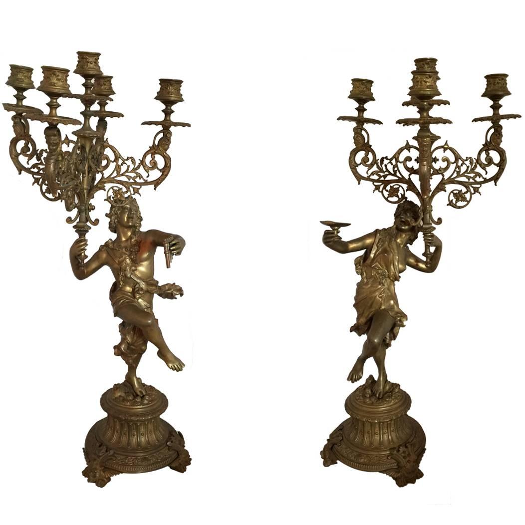 Outstanding Pair of 19th Century Gilt Bronze Candle Holders For Sale at