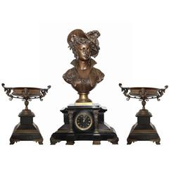 Antique Signed 19th Century French Three-Piece Clock Garniture Set with Black Marble