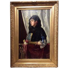 Antique Portrait of a Young Spanish Woman, Oil on Canvas, Signed Pastorino, Madrid, 1886