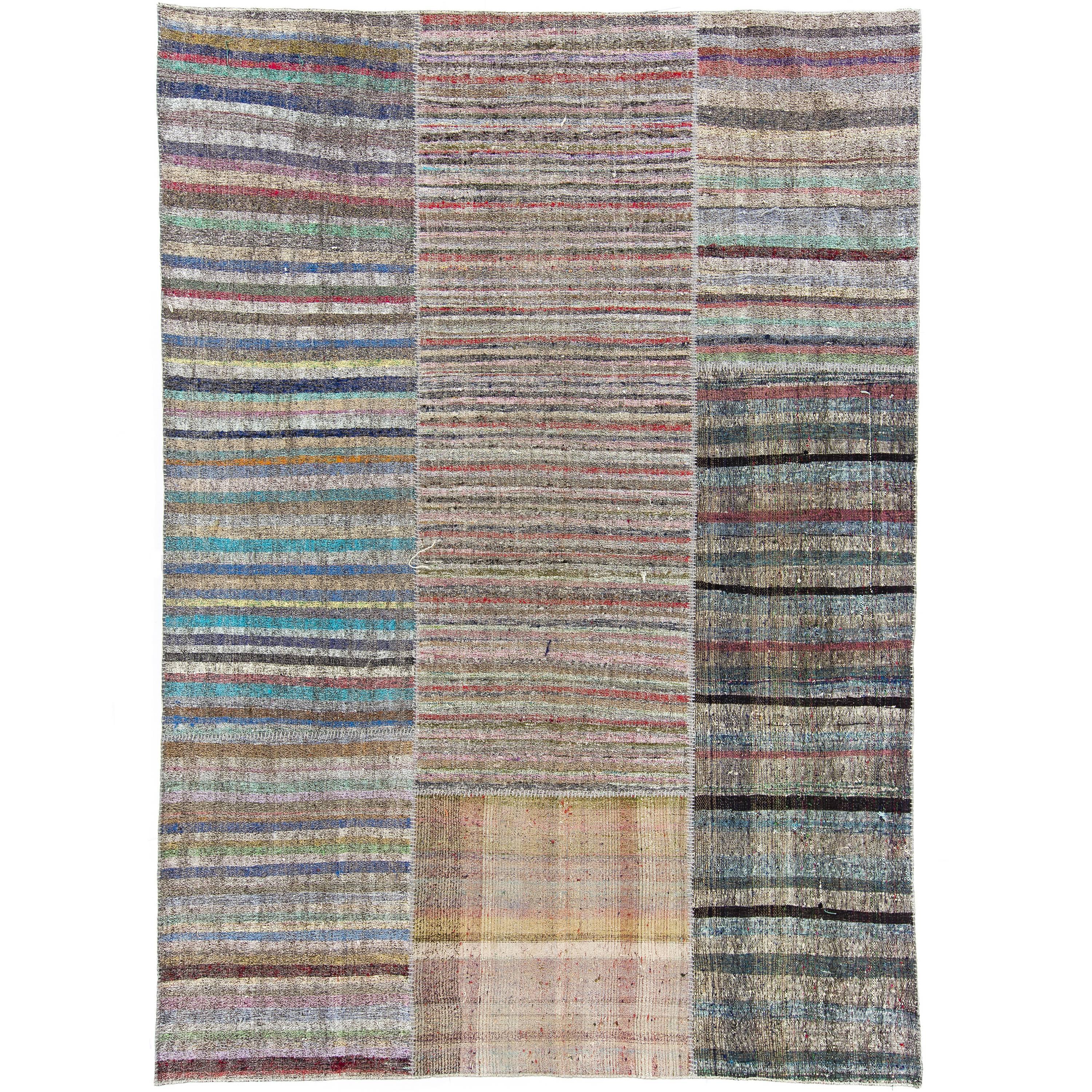 Cotton and Goat Wool Kilim Rug with Colorful Stripes