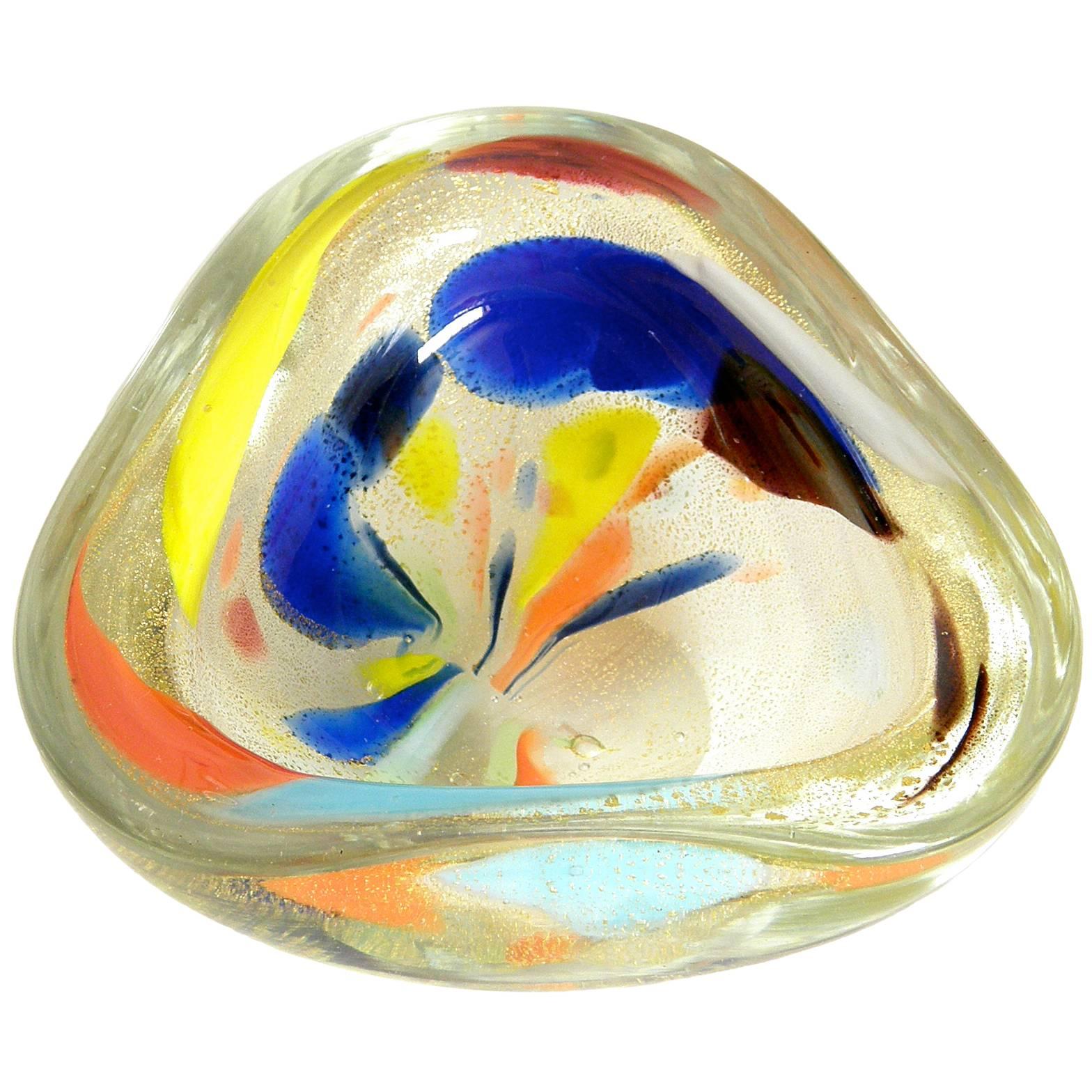 Multicolored Murano Glass Tricorn Bowl with Abstract Designs For Sale