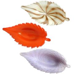 Alfredo Barbini Murano Leaf Feather with Gold Flecks Italian Art Glass Bowls 2