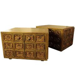 Pair of Gold Side Tables with Carved Floral Door and Side Panels 6