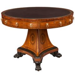 English Regency Mahogany and Black Leather Drum Table, 19th Century