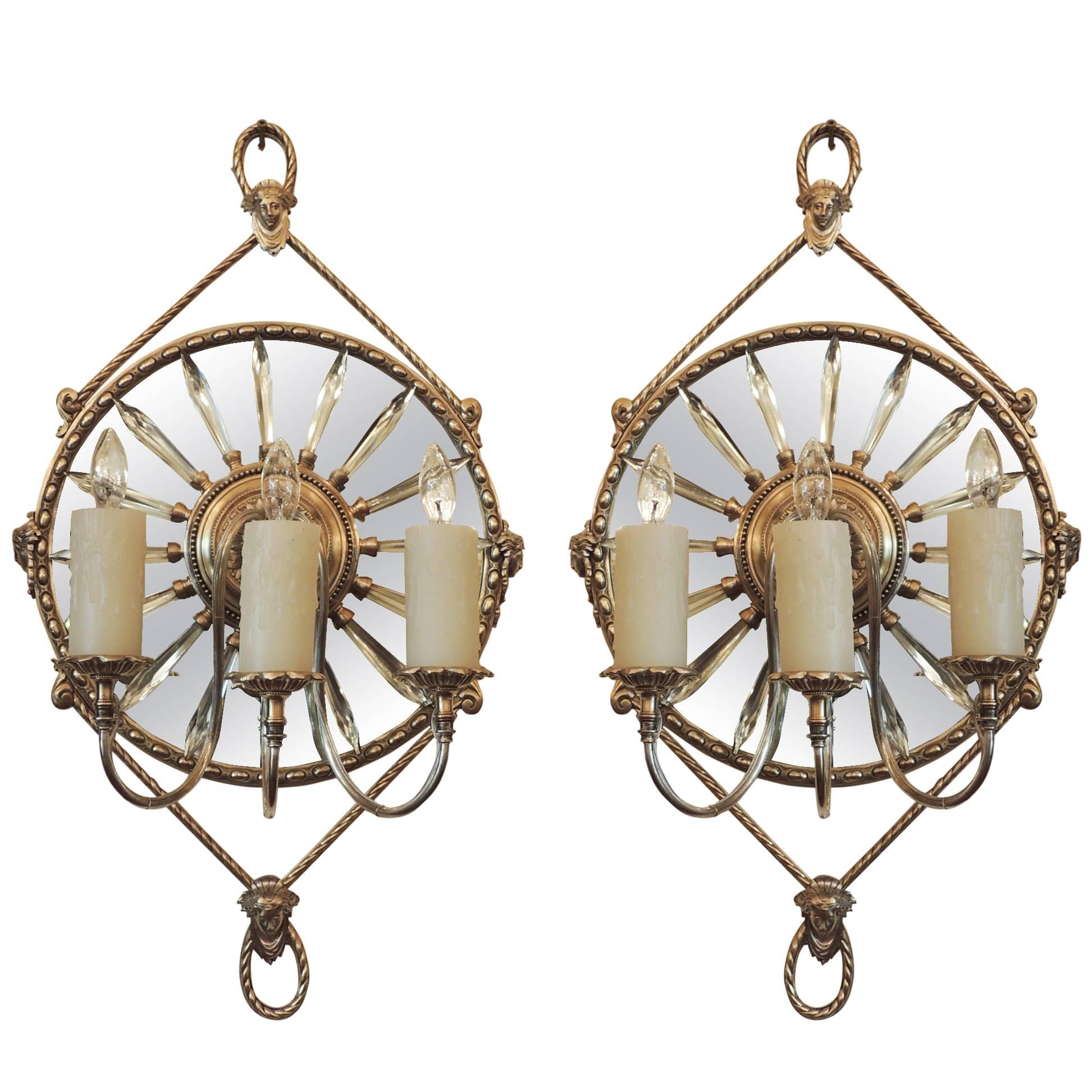 19th C English Mirrored Bronze and Crystal Sconces by James Green