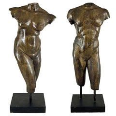 Exquisite Pair of Lifesize Patinated Bronze Torso Sculptures