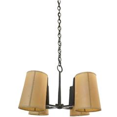 Spanish Iron Chandelier with Four Lights and Stitched Vellum Shades, circa 1960