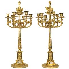Excellent Pair of Early Empire Bronze Candelabra with Seated Sphinx Figures
