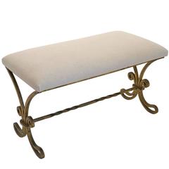 Gilt Iron Scroll Bench with Upholstered Seat, Spain, circa 1940