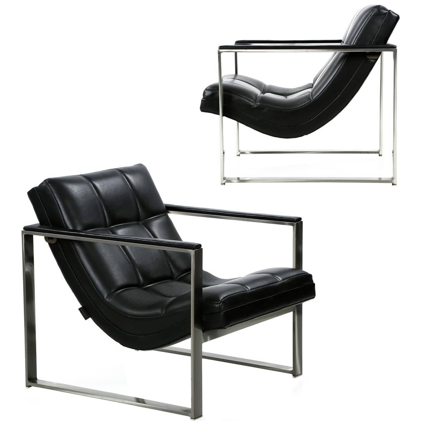 Pair of Modern Maurice Villency Sculptural Brushed Steel Lounge Armchairs