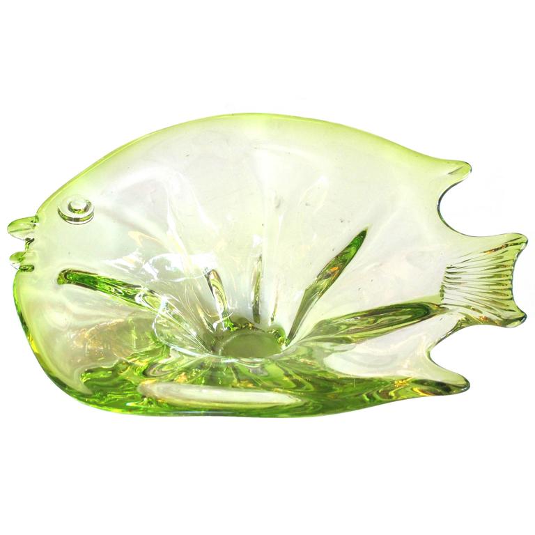 Playful Murano MidCentury Acid Green Art Glass Bowl of a Fish For Sale