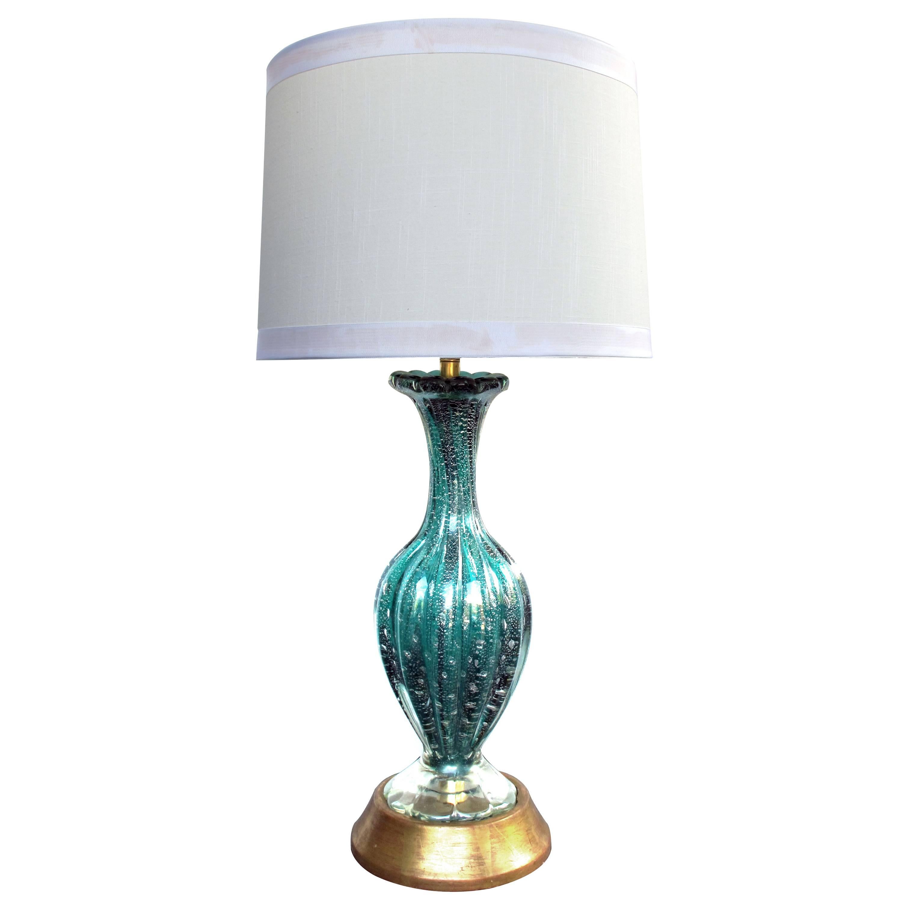 Luminous Murano Teal Art Glass Silver Aventurine Bullicante Lamp, Barovier Toso For Sale