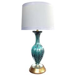 Used Luminous Murano Teal Art Glass Silver Aventurine Bullicante Lamp, Barovier Toso