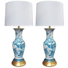 Elegant Pair of Chinese Blue and White Painted Baluster-Form Lamps 10