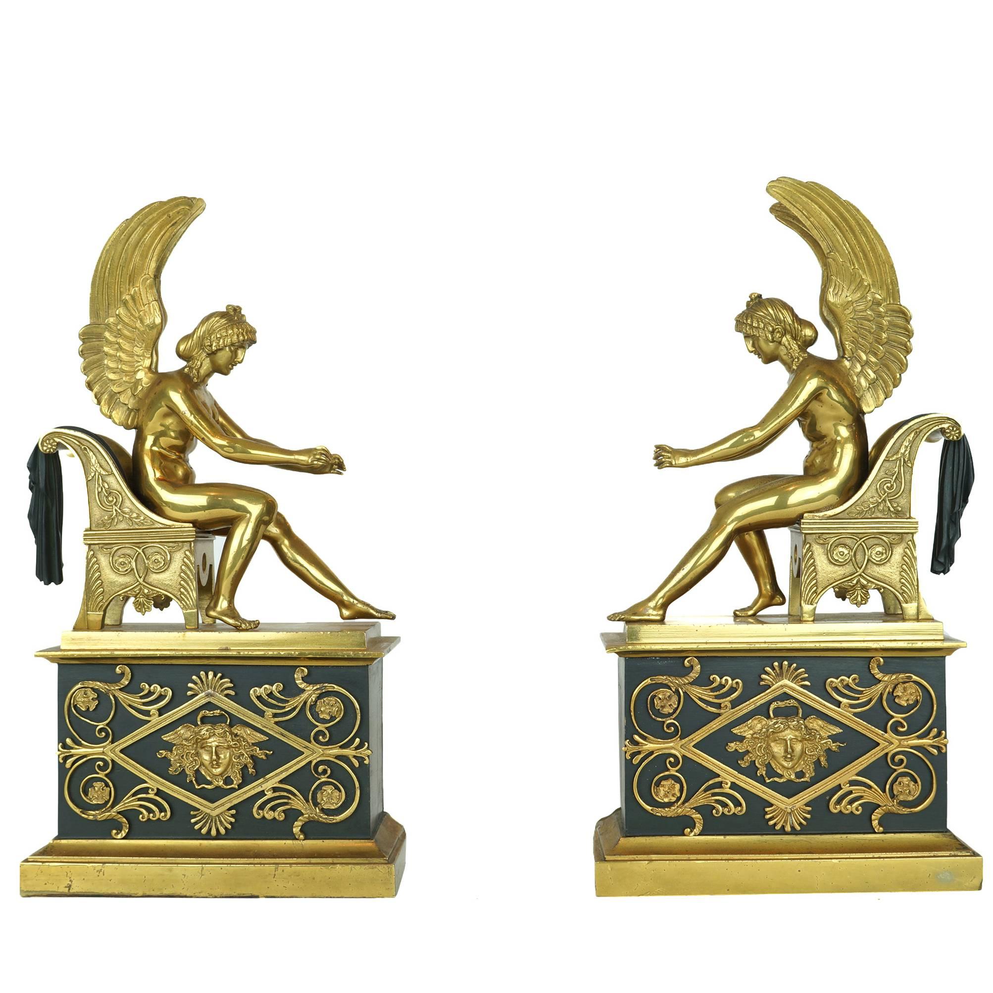 Neoclassical Pair of Bronze Fireplace Chenets
