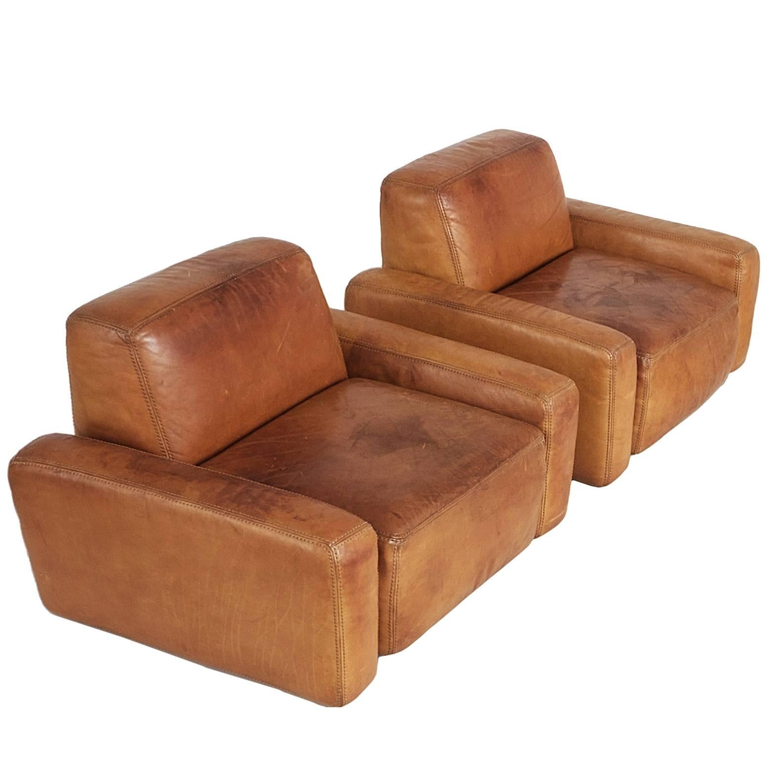 Pair of Cognac Leather Lounge Chairs 