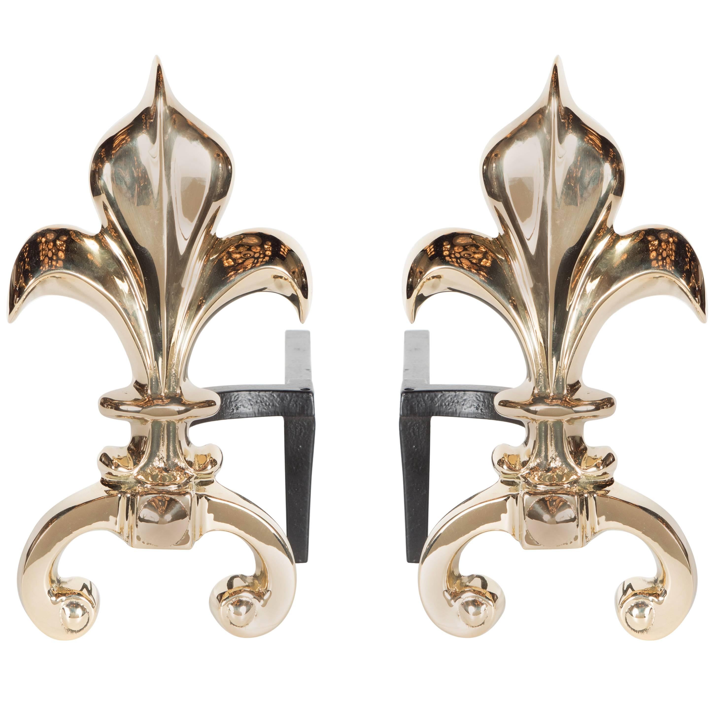 Pair of Custom Fleur-de-Lis Andirons in Polished Brass