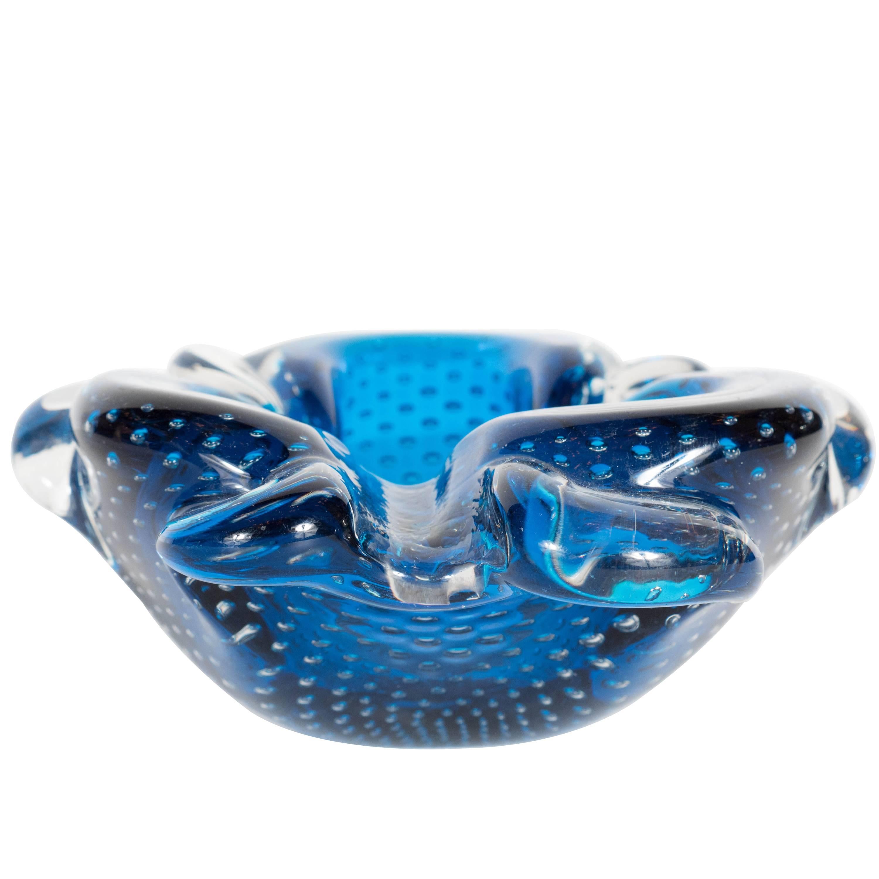Gorgeous Sapphire-Blue and Clear Murano Glass Bowl or Ashtray