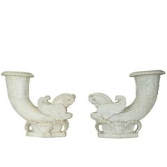Exquisite Pair of Carved Italian Marble Sphinx Cornucopias