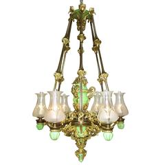 Large Victorian 19th Century Porcelain and Ormolu Six-Light Gasolier Chandelier