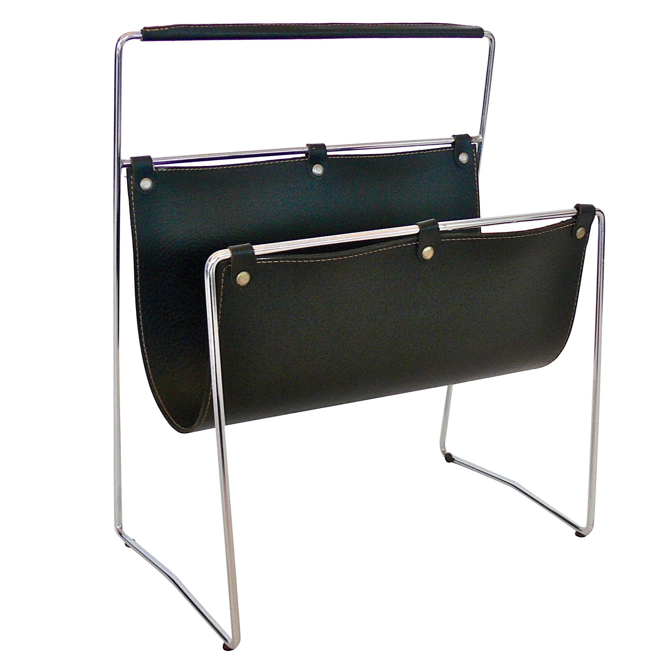 French Leather and Chrome Magazine Rack