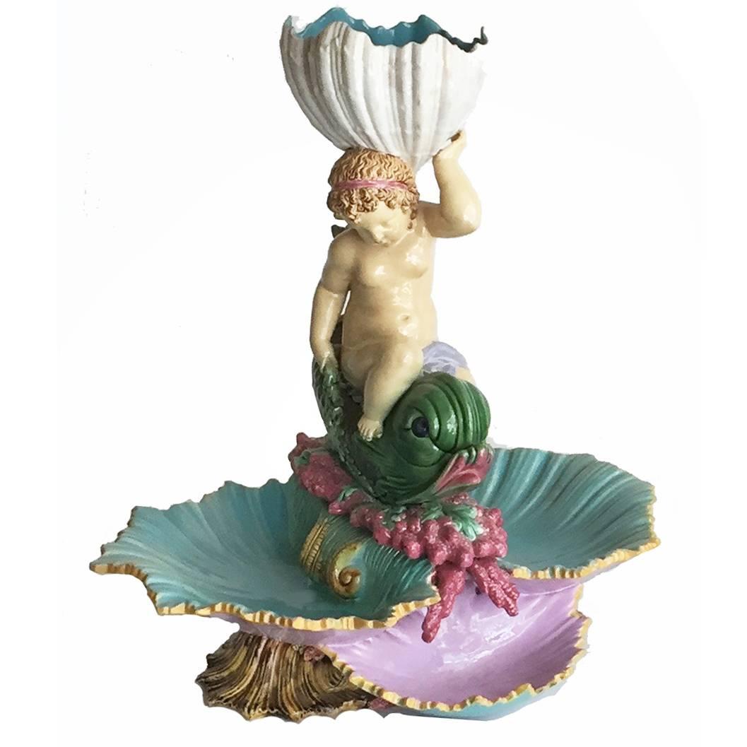 English Victorian George Jones Majolica Centerpiece, Turquoise Shell For Sale