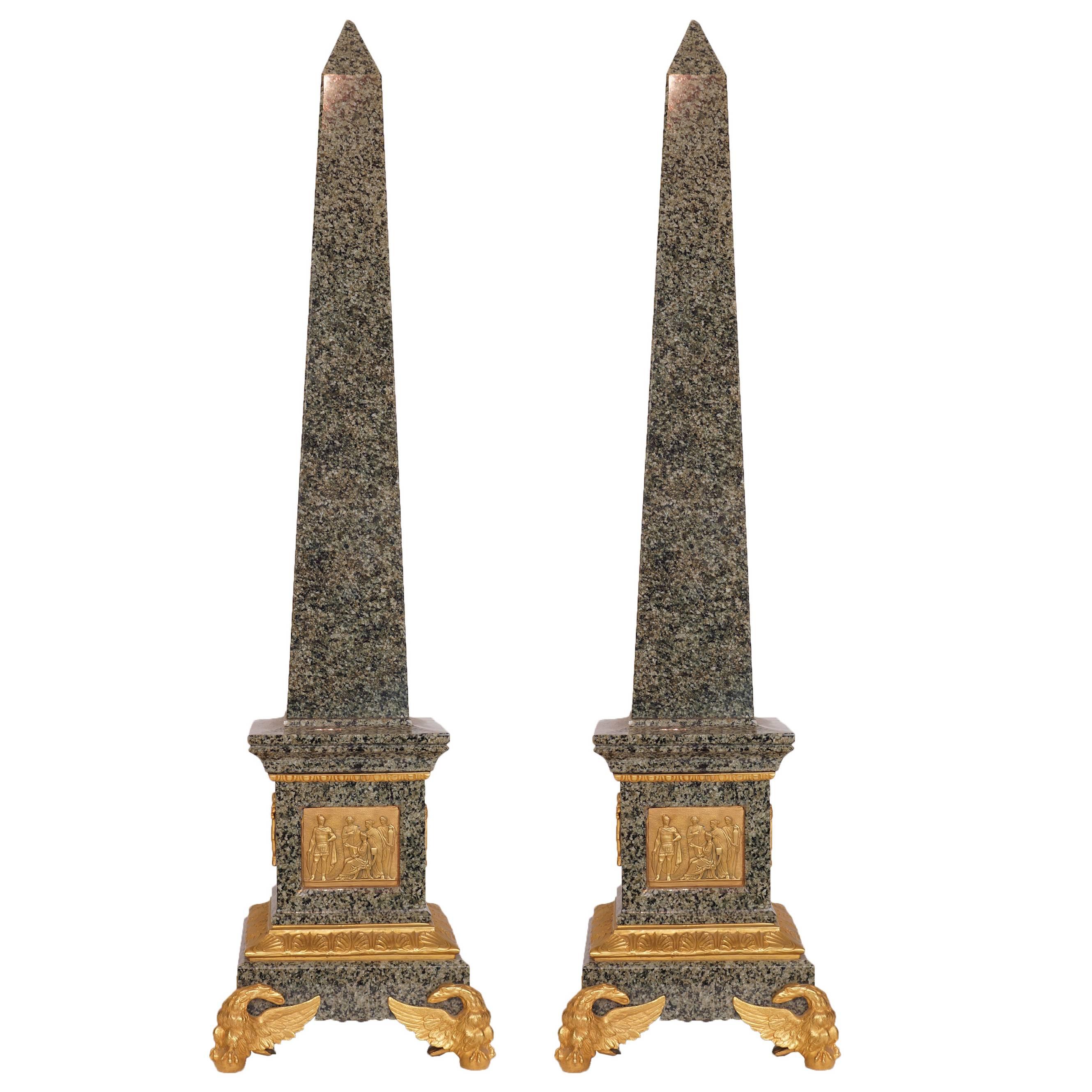 Fantastic Pair of Large Marble and Bronze Figural Obelisks