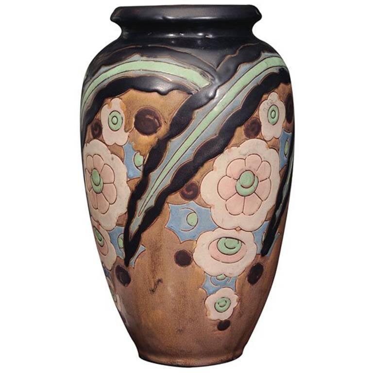 Boch Decorated Brown Stoneware Vase by Catteau For Sale