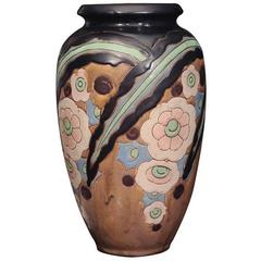 Boch Decorated Brown Stoneware Vase by Catteau