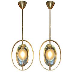 Pair of Brass and Moulded Glass Pendants Fontana Arte Style