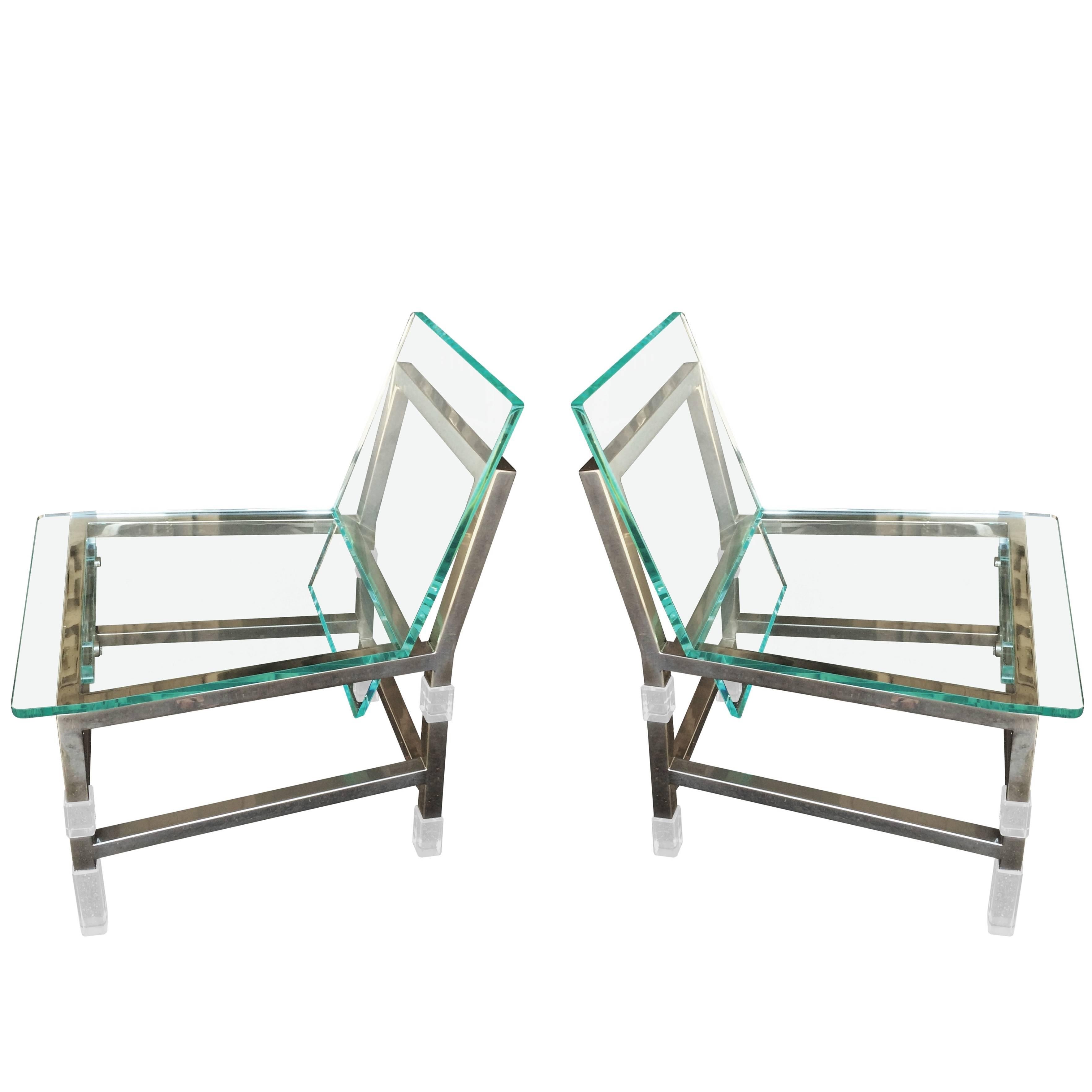 Pair of "Metric" Chairs in Lucite and Nickel by Charles Hollis Jones, Signed