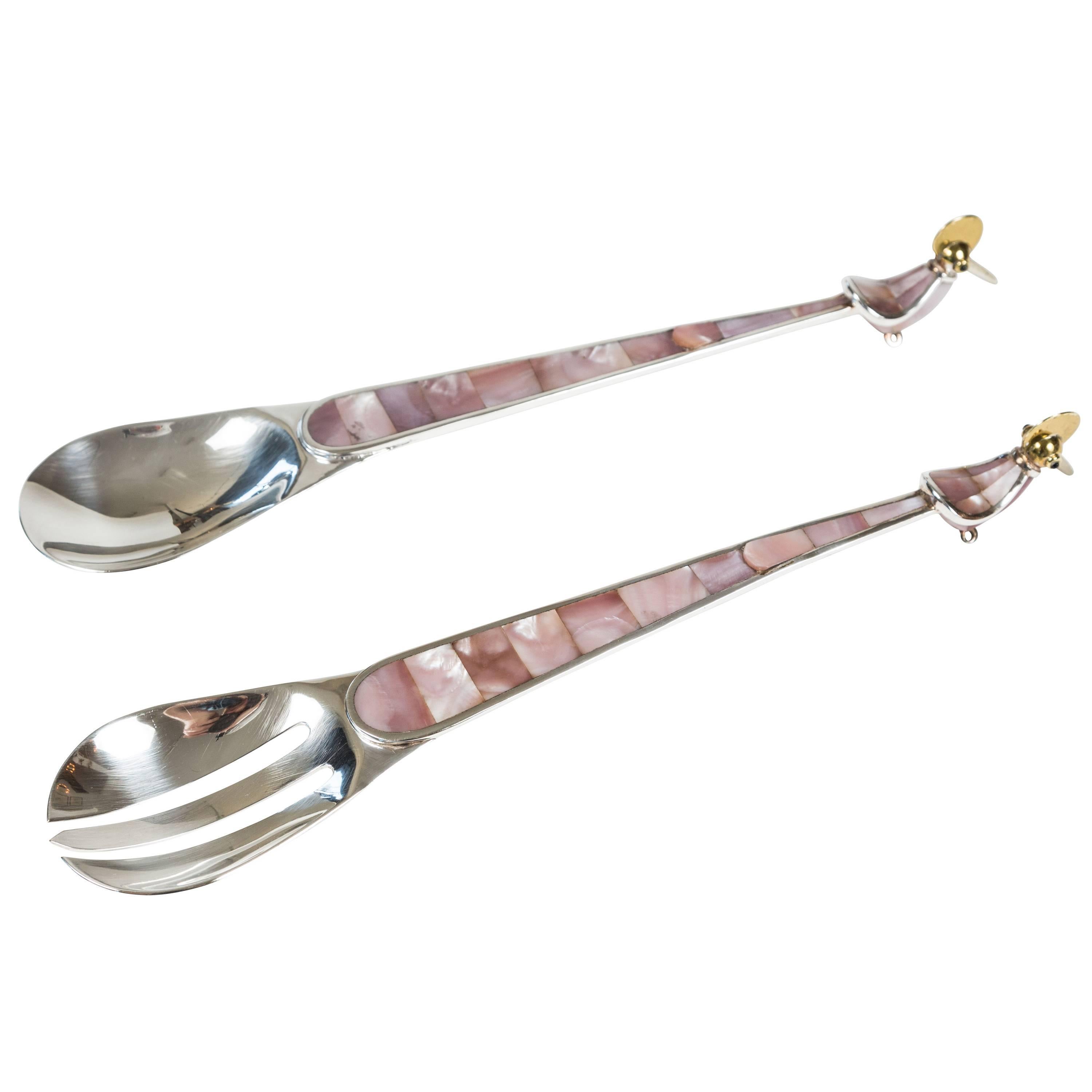 Pair of Whimsical Silver Plate and Mother-of-Pearl Salad Servers by Los Castillo