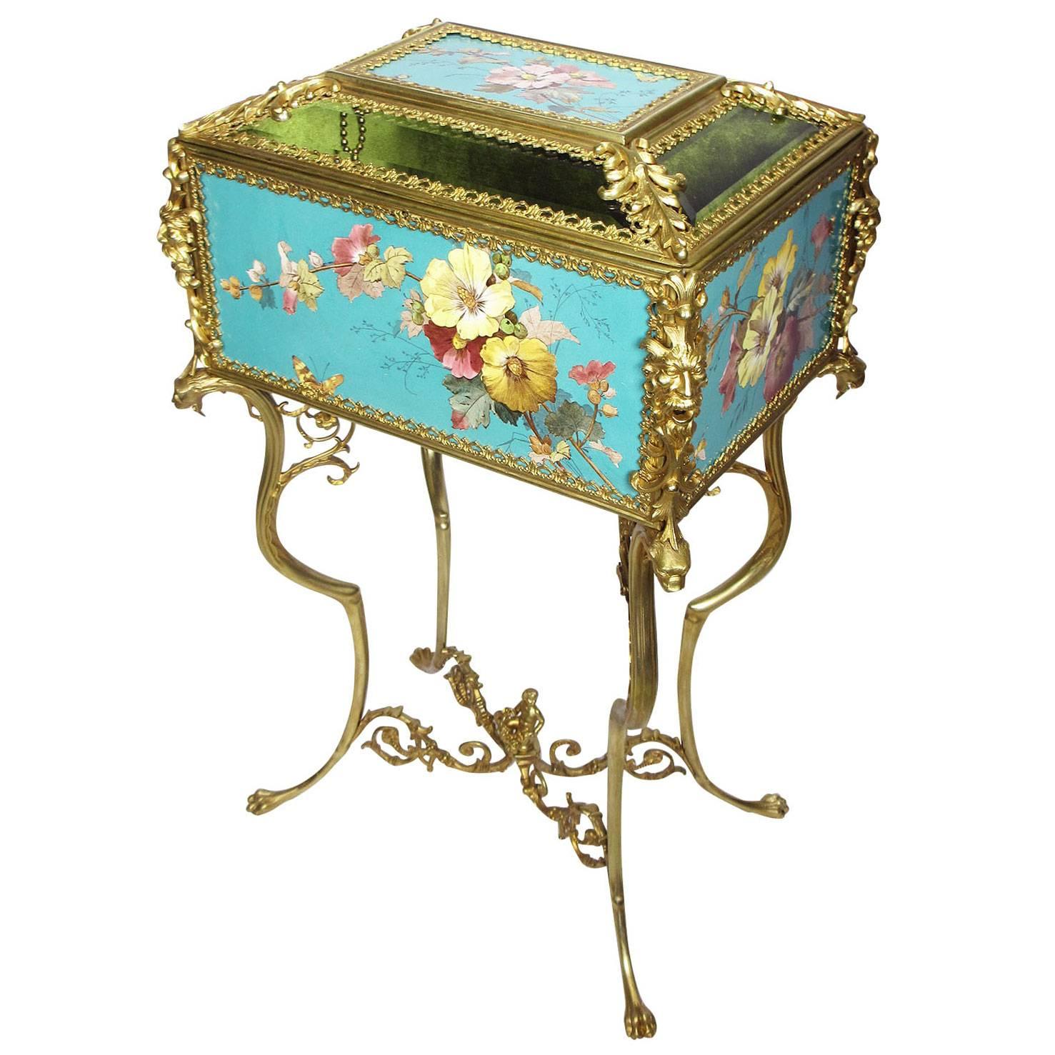Superb Early 20th Century Aesthetic Movement Majolica & Gilt-Metal Jewelry Box