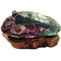 Vintage Violet Fluorite Gem Stone Crystal Dish on Ebony Stand 