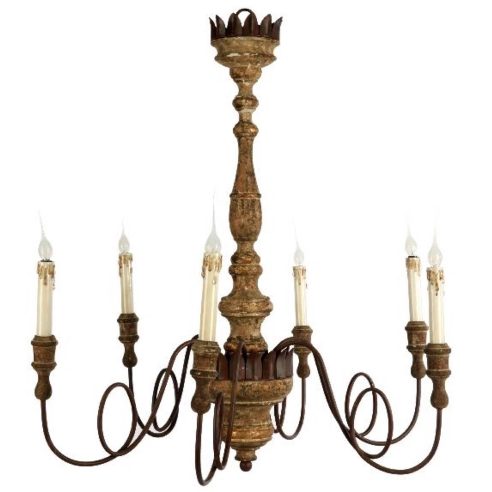Set of Four Italian Style Carved Wood and Iron Chandeliers with Lovely Patina