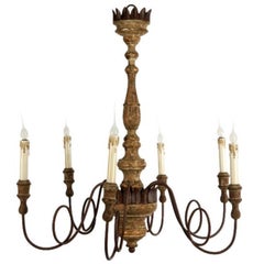 Set of Four Italian Style Carved Wood and Iron Chandeliers with Lovely Patina