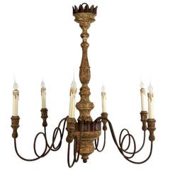Set of Four Italian Style Carved Wood and Iron Chandeliers with Lovely Patina 11
