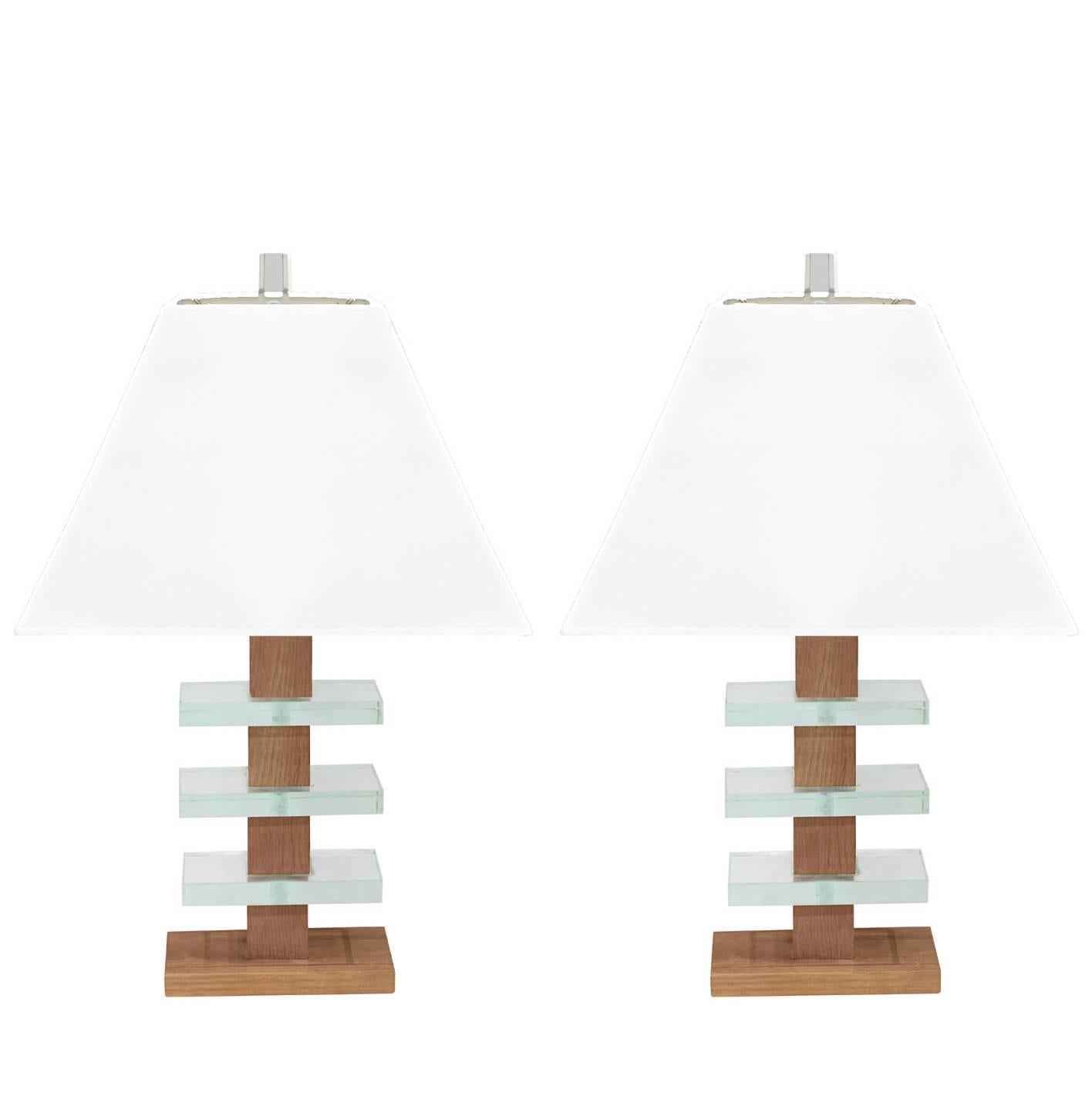 Modernist Glass and Mahogany Table Lamps Attributed to Modernage