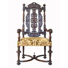Flemish 17th Century Style Carved Walnut Throne Armchair, c. 1890