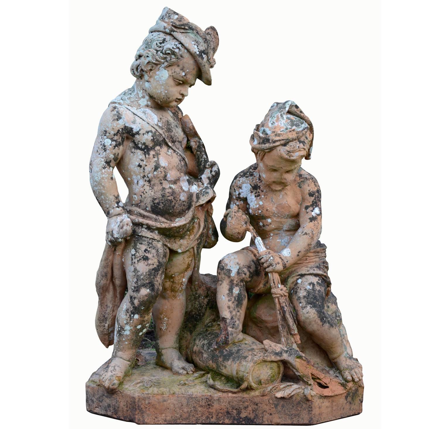 Terra-Cotta Group of Children, "Allegory of Hunting and Fishing, " 19th Century For Sale