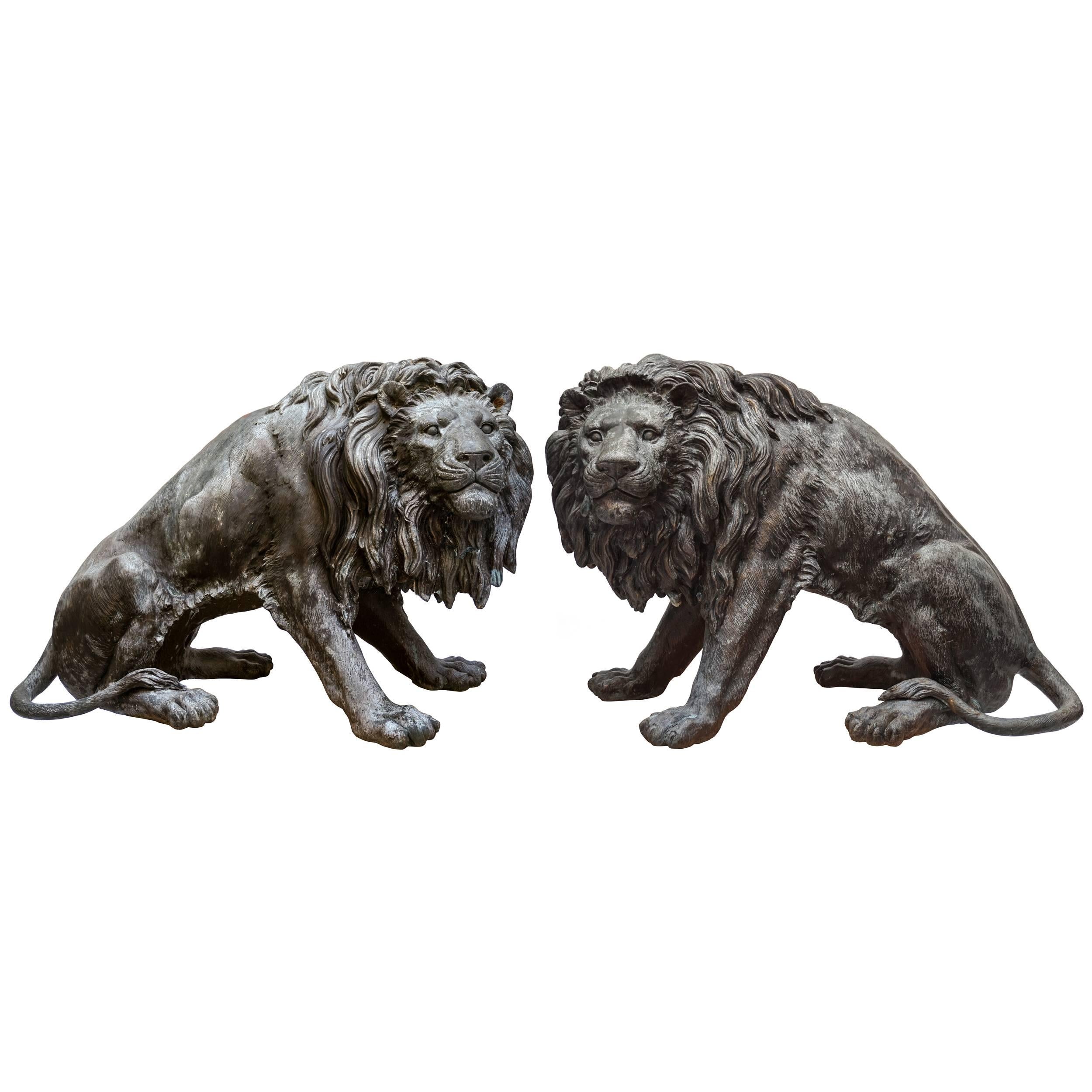 Pair of Almost Lifesize Cast Bronze Lion Statues