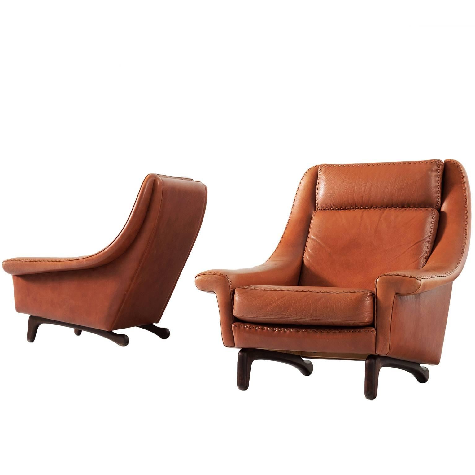 Pair of Scandinavian Lounge Chairs in Cognac Leather