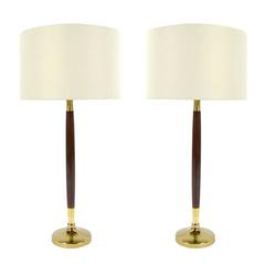Pair of Sleek Walnut and Brass Table Lamps 1