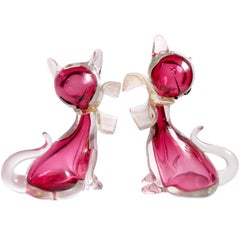 Alfredo Barbini Murano Sommerso Pink Italian Art Glass Kitty Cat Figurines