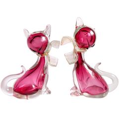 Alfredo Barbini Murano Sommerso Pink Italian Art Glass Kitty Cat Figurines 3