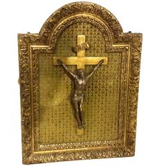 18th Century Bronze Crucifix Mounted in Giltwood Frame